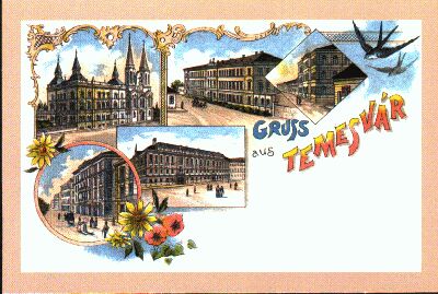 Képeslap 1900-ból - Balról-jobbra: a Notre-Dame iskola, a Vár-iskola, a Lenau líceum, a Posta épülete, és a Dóm téri Mûvészeti Múzeum, melyet már évek óta renoválnak.
